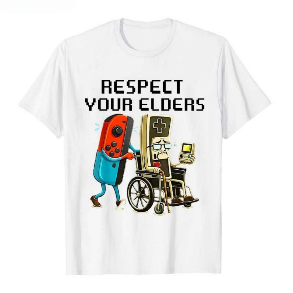 Retro Gaming In 2026 - 2026年「Respect Your Elders」ゲーミングコントロールレトロ面白いゲーマーTシャツ（男性用）面白いロボットグラフィックTシャツ半袖メンズTシャツトップス