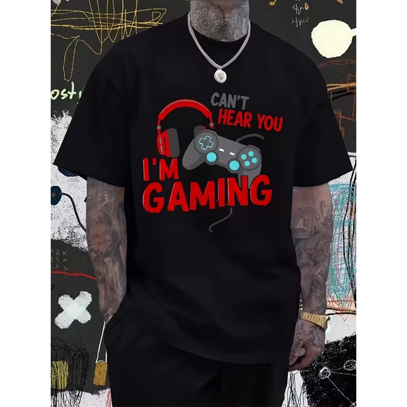 Retro Gaming T Shirt - 商品画像 面白い「Can't You I」ゲーミングTシャツ ヘッドフォンコントローラーグラフィック付き レトロ
