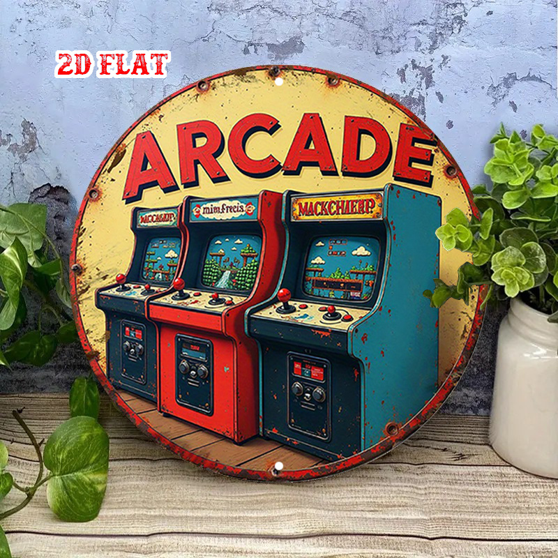 Retro Gaming In 2026 - 2026年木製ヴィンテージラウンドアーケードサイン、素朴な2Dフラットプリントウォールアート、レトロゲームの美的装飾、80年代の懐かしいビデオゲーム