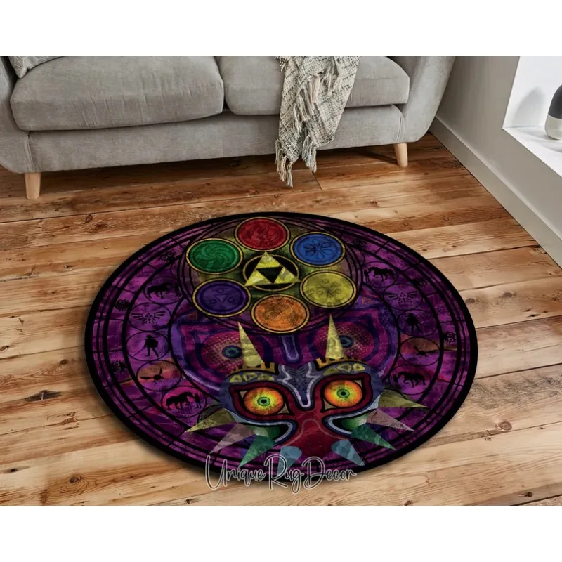 Retro Gaming Zelda - ゼルダのシンボルラウンドラグレトロスタイルゲームルームカーペットリビングルームゲーム装飾ゼルダのマージャのマスクラグゲーマーへのギフト